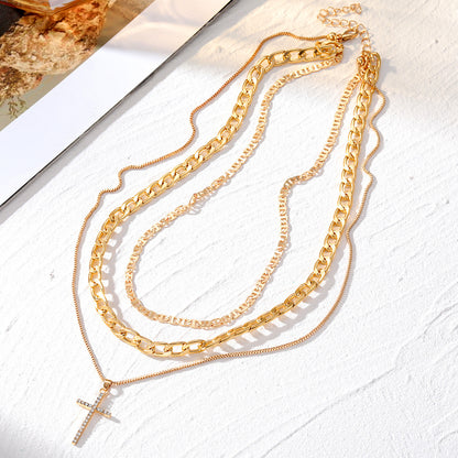 Women's Retro Crystal Cross Multi-Layer Necklace Set