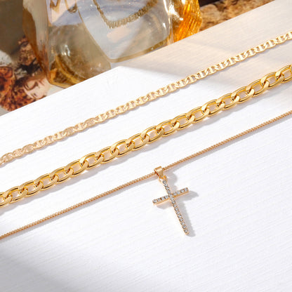 Women's Retro Crystal Cross Multi-Layer Necklace Set