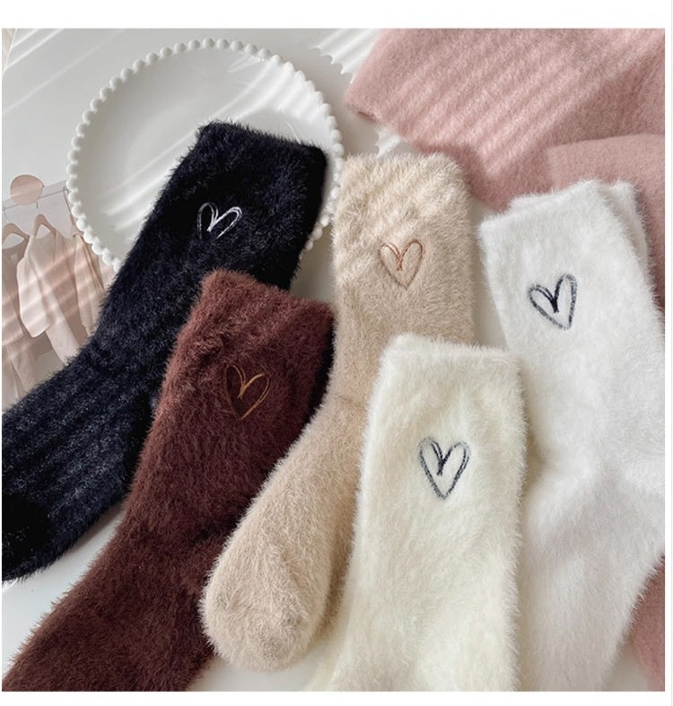 Women's Fuzzy Heart Embroidered Socks