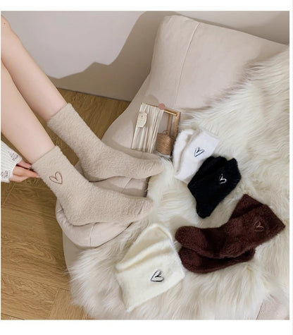 Women's Fuzzy Heart Embroidered Socks