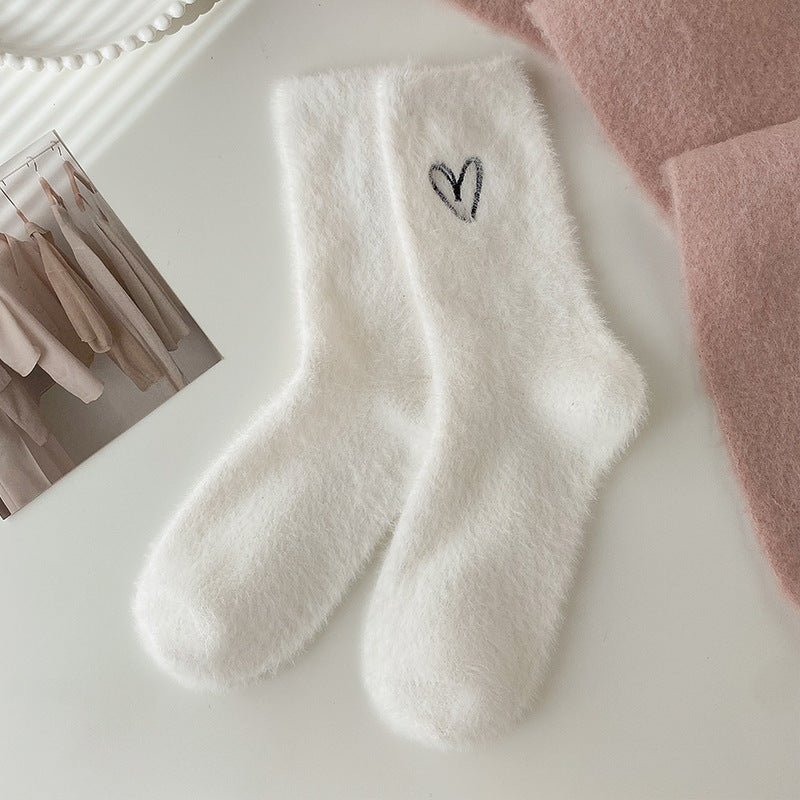 Women's Fuzzy Heart Embroidered Socks