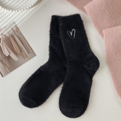 Women's Fuzzy Heart Embroidered Socks